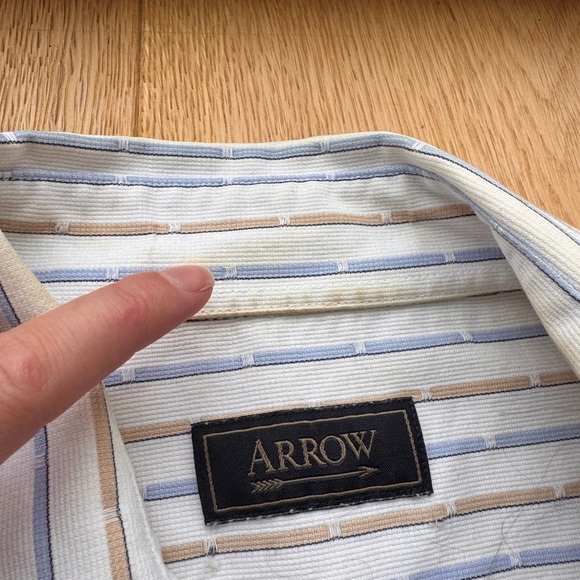 ARROW Striped SHORT SLEEVE BUTTON DOWN SHIRT - Blue - White - Tan - Picture 11 of 12